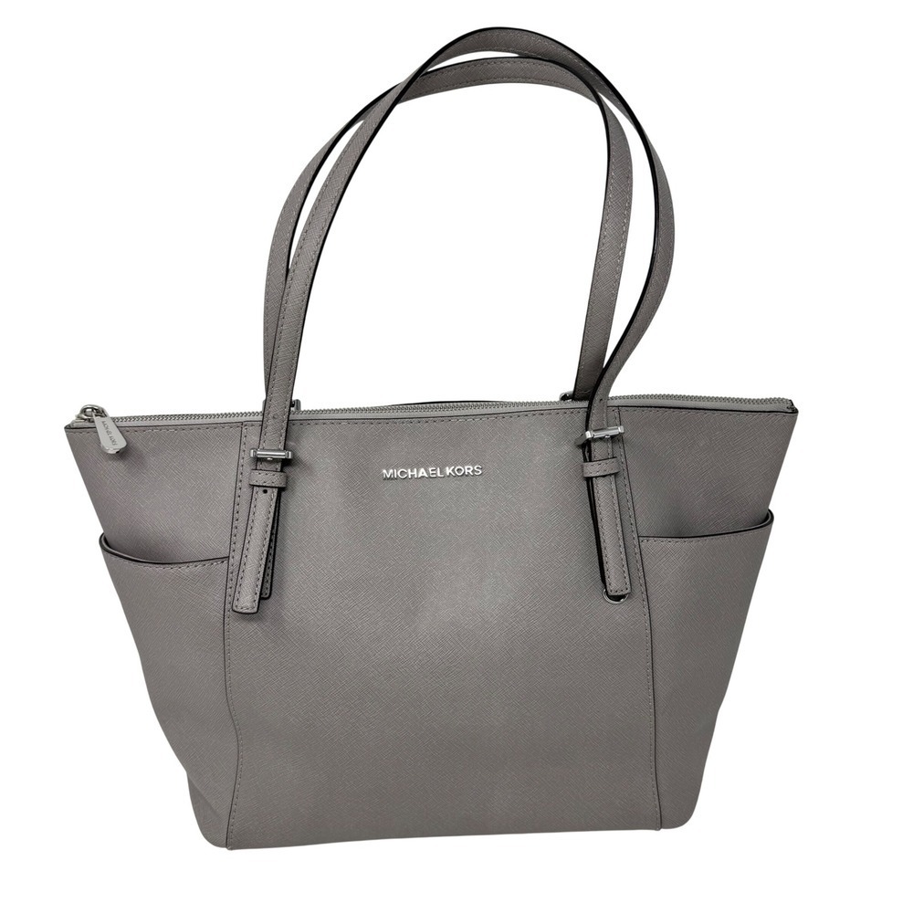 Michael Kors Voyager Grey Saffiano Leather Top Zip Tote Bag Silver Tone Hardware